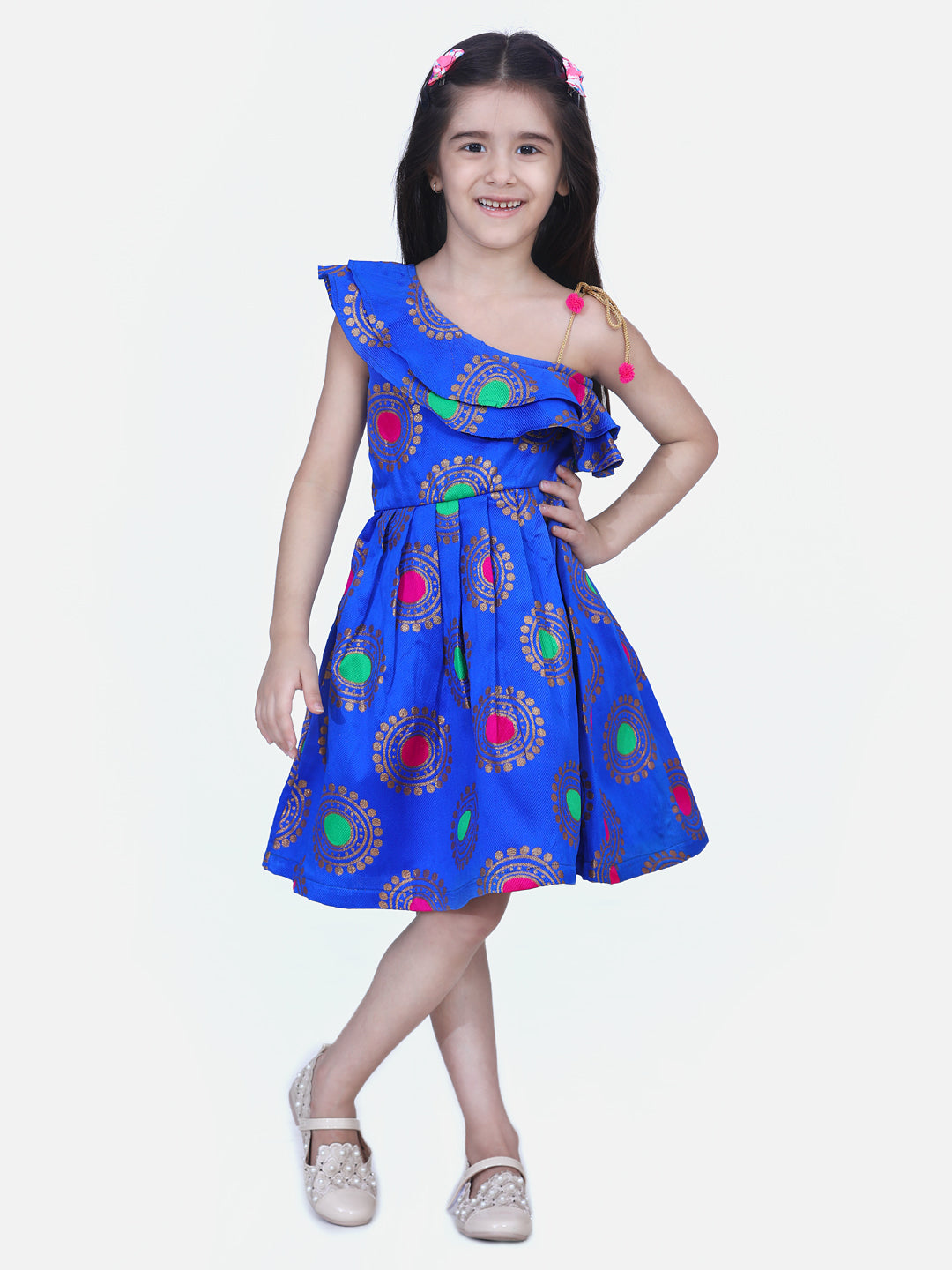 One Shoulder Jacquard Party Frock- Blue 