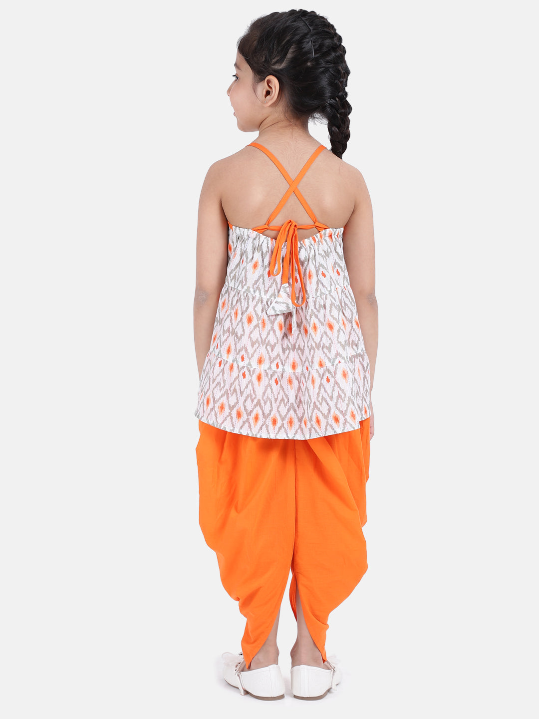 Cambric Cotton Halter Neck Top Dhoti For Girls-Orange