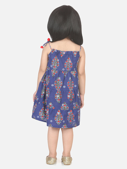 Block Print Tier Cotton Frock with Headband-Indigo
