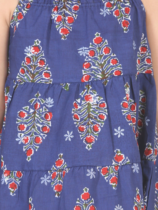 Block Print Tier Cotton Frock with Headband-Indigo